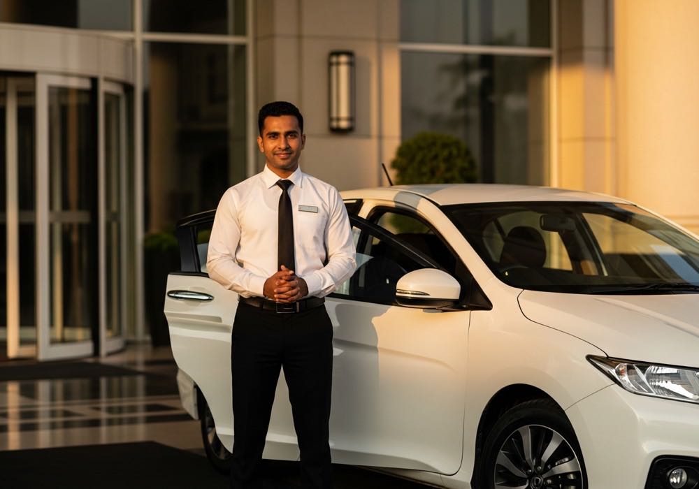 A DriverOnDoor chauffeur standing beside a white sedan